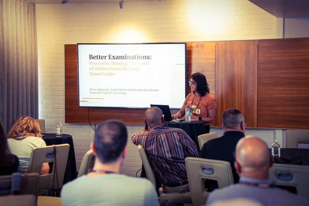 Picture of a presentation at a the Proctorio X user conferncce.